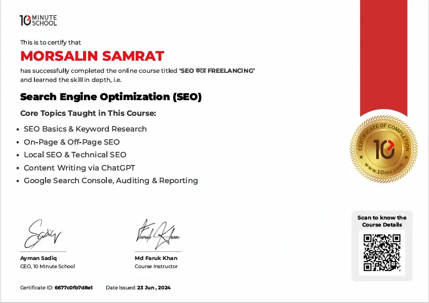 Morsalin Samrat Ten Minute School SEO Certification
